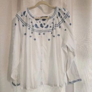 M&S Collection White Long-Sleeve Blouse with Blue Embroidered Yoke, Size 12